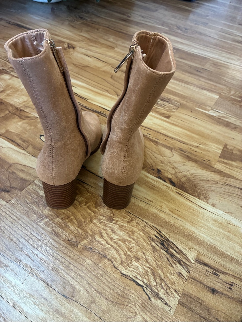 H&M Camel Suede Block Heel Ankle Zip Boots